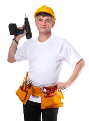 builder with belt construction and holding drill isolated