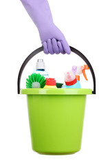 Fototapeta na wymiar Bucket with cleaning items in hand isolated on white