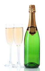 glasses and bottle of champagne isolated on a white