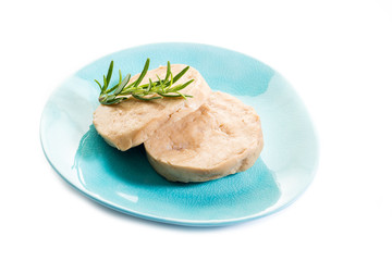 seitan steack over blue dish