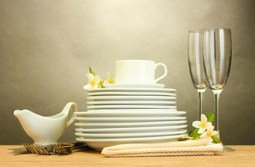 empty clean plates, glasses and cup