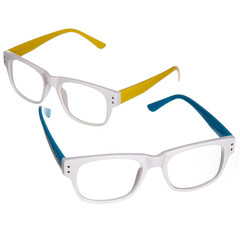 blue and yellow glasses isolated on white