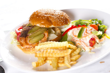 hamburger meal, a dish of hamburger with fries and salad