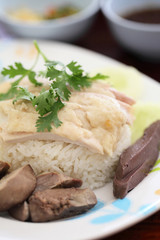 Thai food gourmet steamed chicken with rice , khao mun kai in wo
