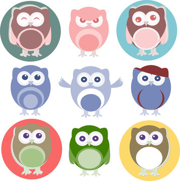 Set of cartoon owls with various emotions