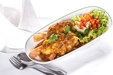 sweet fried prawns, fried prawns with sauce decorated