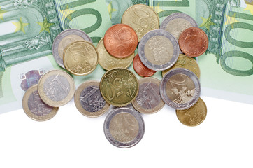 Various Euro currency bills and coins