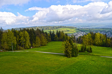 Alpine landscape in Austria: mountains, forests, meadows