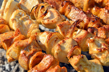 shish kebab on skewers and hot coals