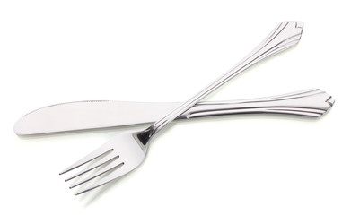 Silver fork and knife isolated on white