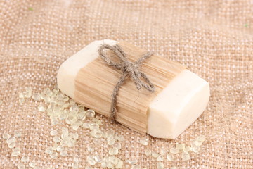 Hand-made herbal soap on sackcloth