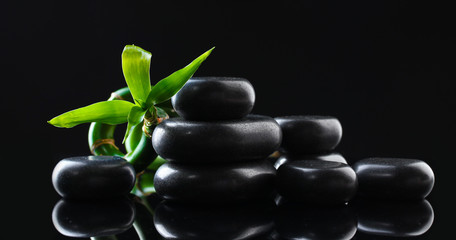 Obraz na płótnie Canvas Spa stones and green bamboo on grey background