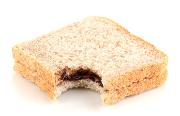 Bitten sandwich with chocolate isolated on white