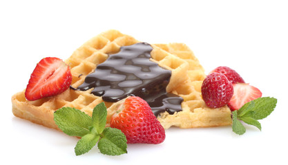 belgium waffles with strawberries and mint  isolated on white