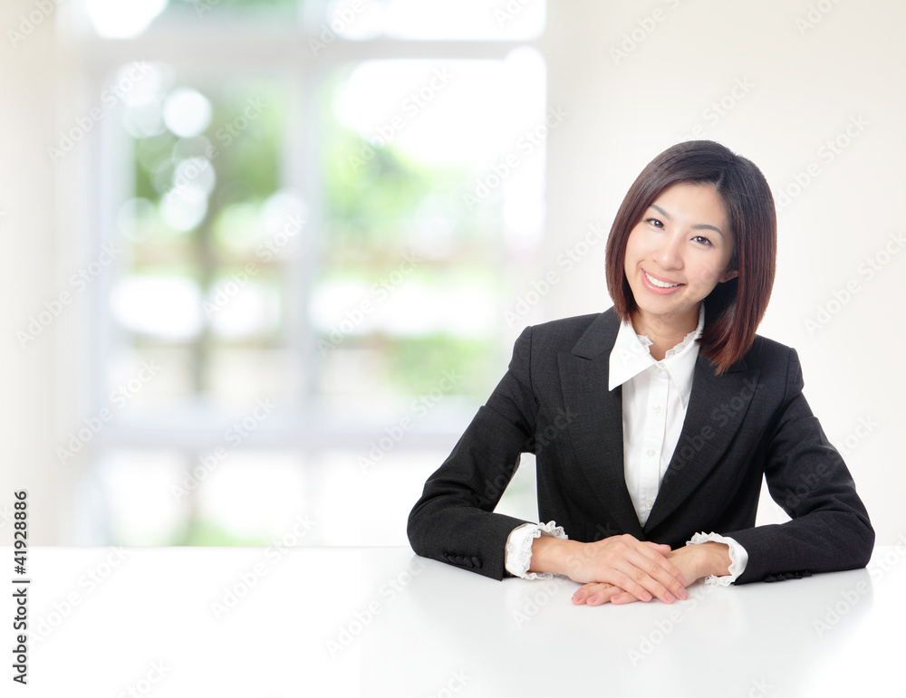 Poster business woman smile and sit at office