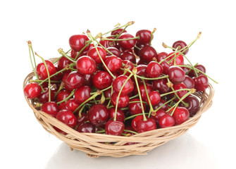 Obraz na płótnie Canvas Ripe cherry berries in basket isolated on white