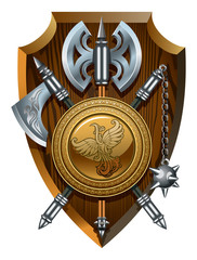 Coat of arms: axes, morgenstern and shield, vector