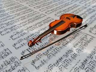 Violin on sheet music backdrop with clouds reflecting
