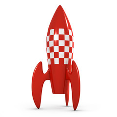 3d Retro space rocket points to the sky