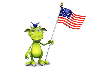 Cute cartoon monster holding an American flag.