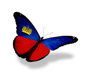 Liechtenstein flag butterfly flying, isolated on white backgroun