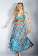 beautiful girl blonde in year bright peasant woman's dress in as