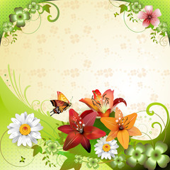 Springtime background with flowers and butterflies
