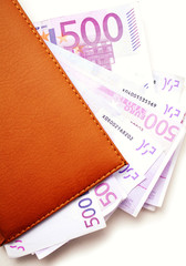 euro banknotes in leather wallet
