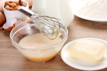 Ingredients for the dough wooden table