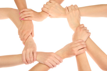 group of young people's hands isolated on white