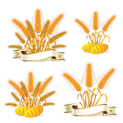 Wheat ears with ribbon and bread