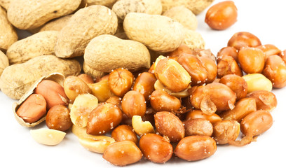 the nuts, peanuts coat the salt on a white background