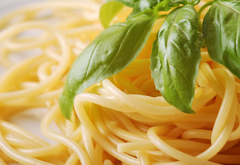 Spaghetti gotowane z listkiem bazylii - obrazy, fototapety, plakaty