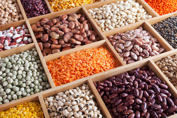 peas, beans and lentils in the wooden box