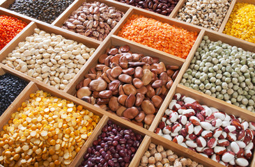 peas, beans and lentils in the wooden box