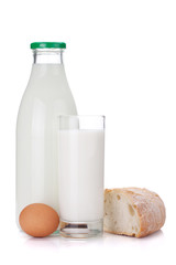 Milk bottle, glass, eggs and bread