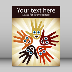 Circle of hands with happy faces.