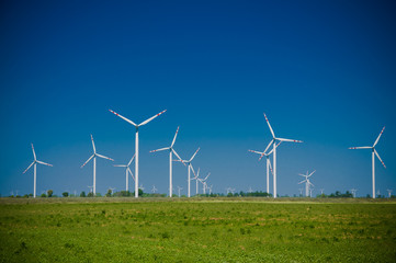 Wind turbine farm on rural terrain