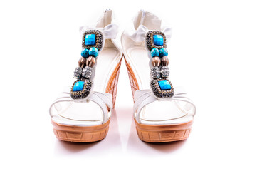 Women's white summer sandals with rhinestones