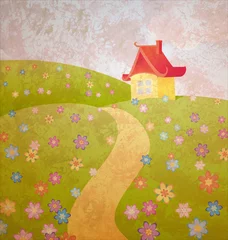 Tuinposter grunge old paper cartoon illustration with house and flower fiel © Cherju