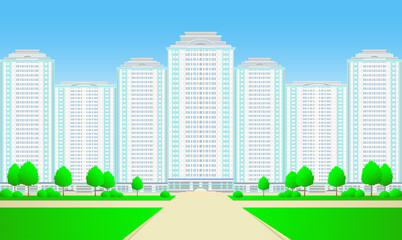 New city skyscrapers with road,tree and grass on sky background