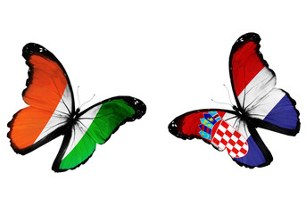 Concept - two butterflies with Irish and Croatian flags flying