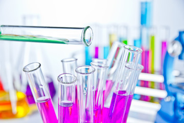 Test tubes filled with colored liquids