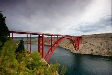 Fototapeta premium Red suspension bridge, Maslenica Croatia