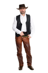 man in leather pants with gun