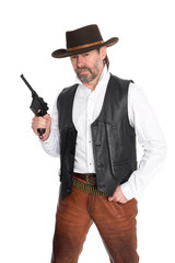 man in cowboy hat with gun