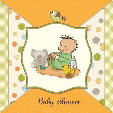 little baby boy play with his toys  shower card
