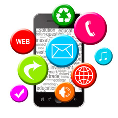 Mobile phone with application icons isolated on white background