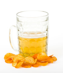 Beer and potato chips isolated on a white