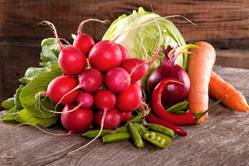 A beam of radish, garlic, cabbage, peppers, carrots